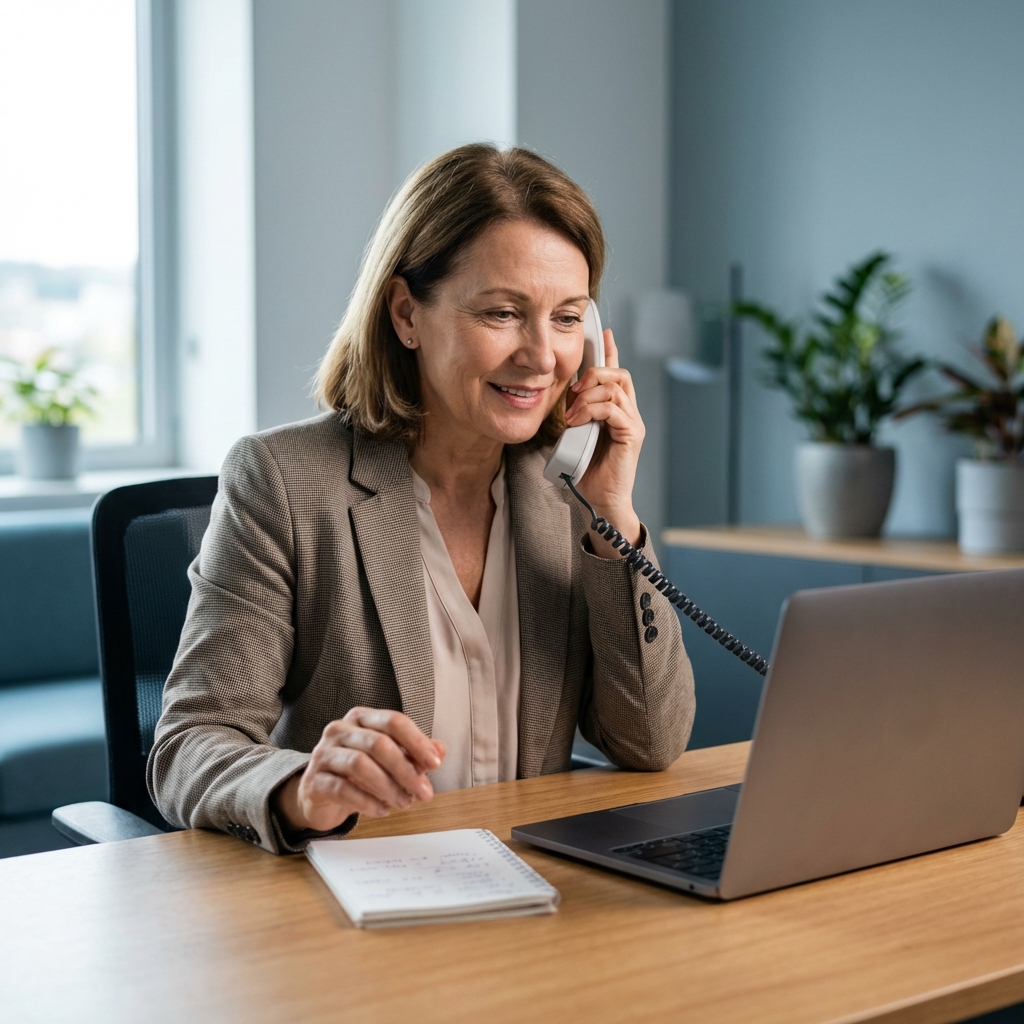 Expert support manager on a phone call with laptop and documents