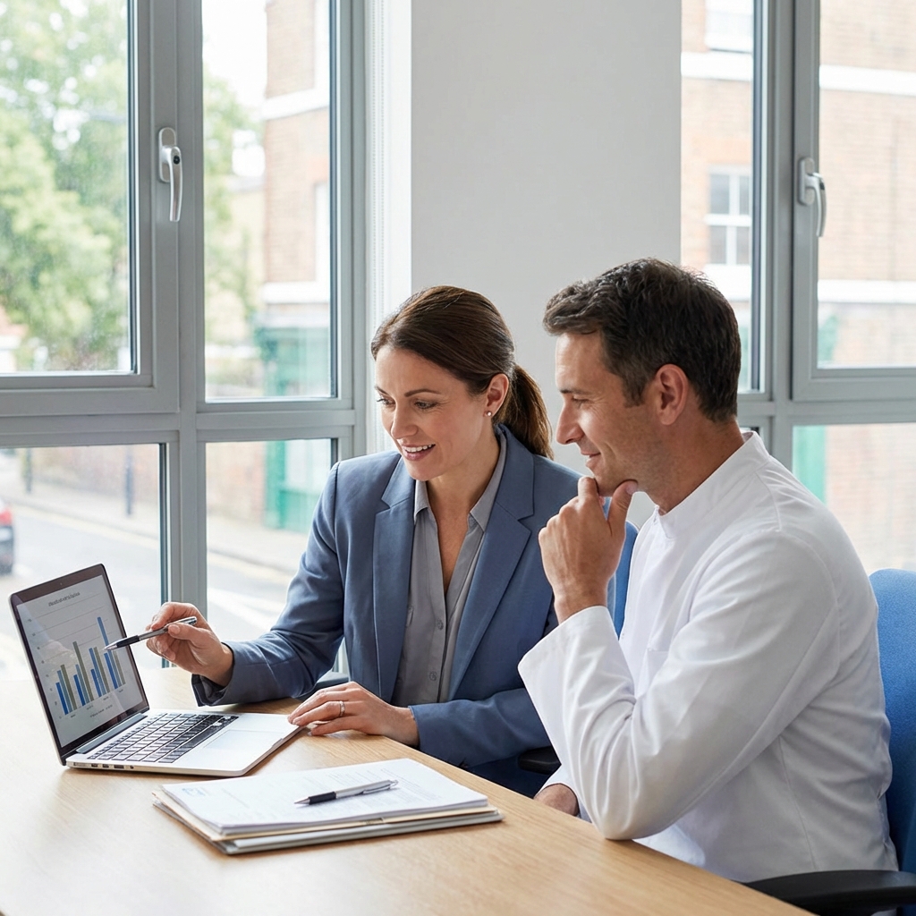 Practice manager and clinician reviewing revenue charts on a laptop
